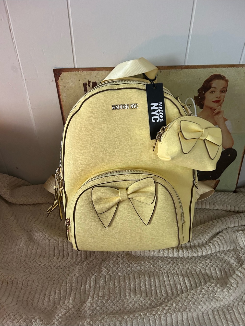 Yellow Bow Accent Mini Backpack.   Madden NYC